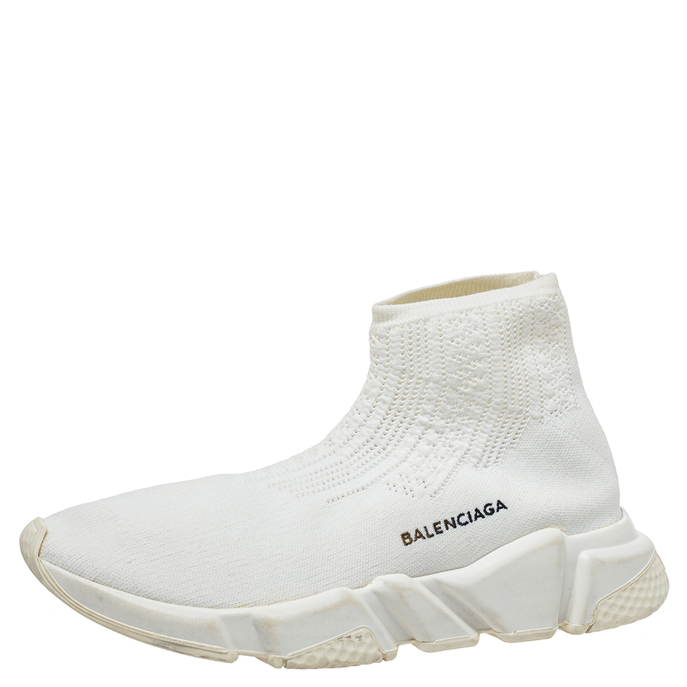 Pre-owned Balenciaga White Knit Fabric Speed Trainer Slip On Sneakers Size 40
