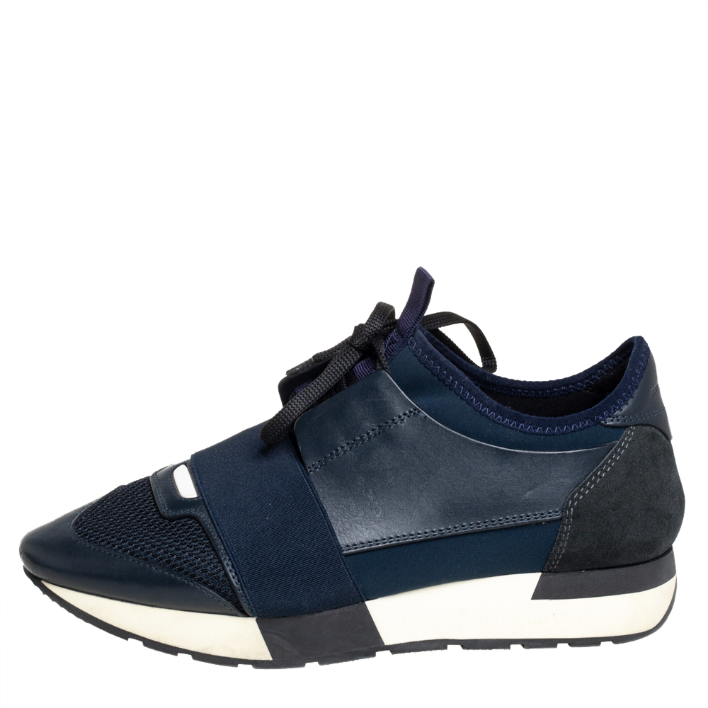 

Balenciaga Navy Blue Mesh And Leather Race Runner Low Top Sneakers Size