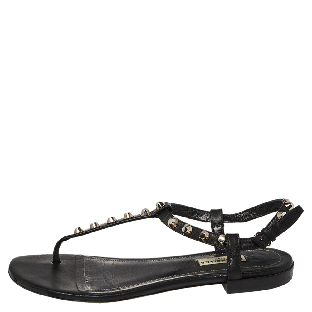 

Balenciaga Black Leather Studded Thong Flat Sandals Size