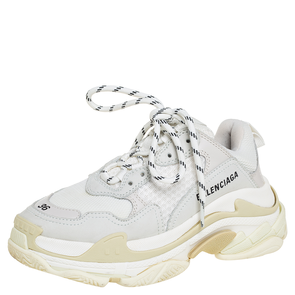 Pre-owned Balenciaga White/beige Mesh And Nubuck Leather Triple S Low Top Sneakers Size 36