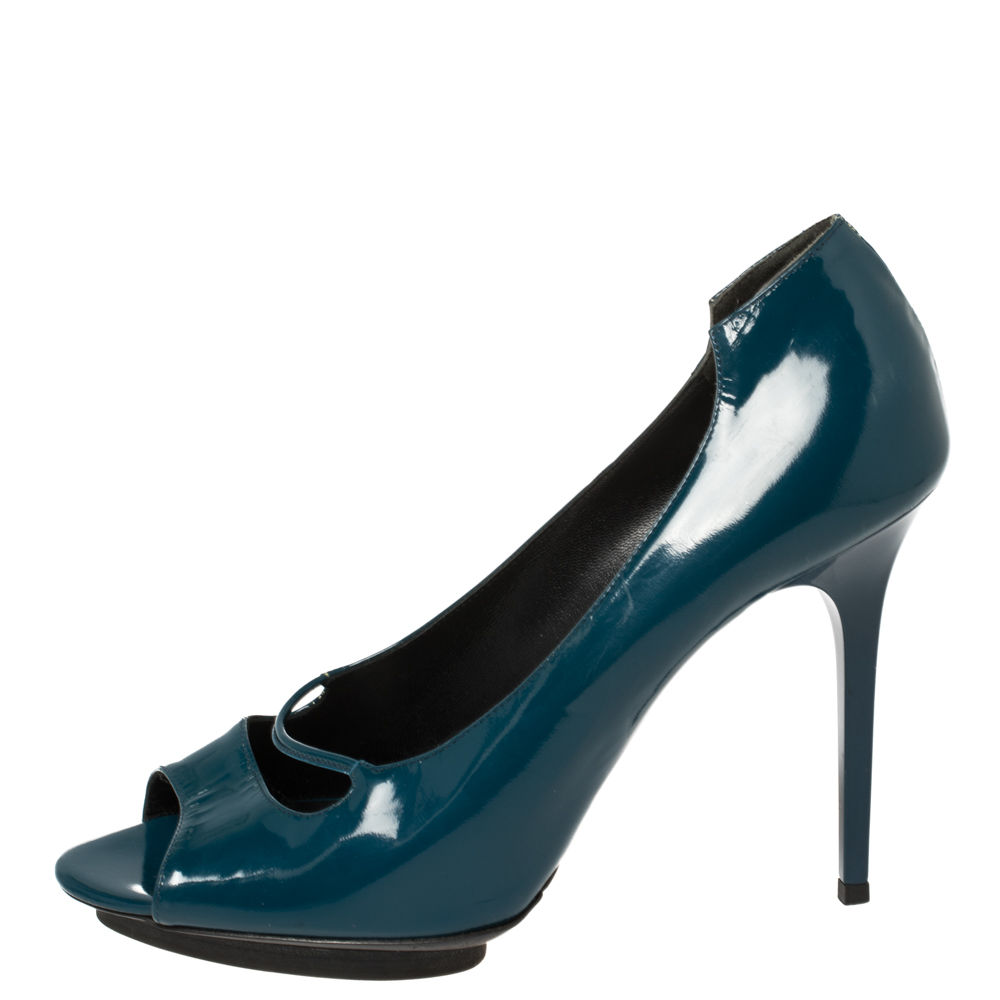 

Balenciaga Peacock Blue Patent Leather Peep Toe Pumps Size