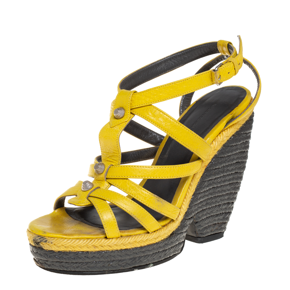 Pre-owned Balenciaga Yellow Leather Wedge Ankle Strap Sandals Size 38