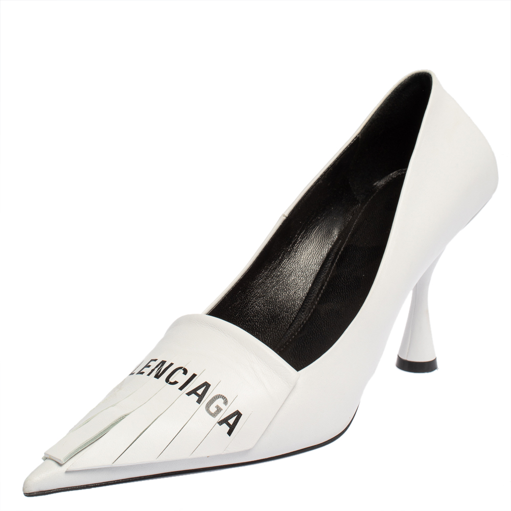 Pre-owned Balenciaga White Leather Knife Fringes Pointed Toe Pumps Size 40