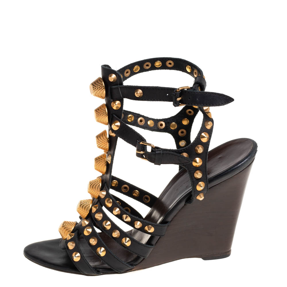 

Balenciaga Black Leather Arena Studded Gladiator Wedge Sandals Size