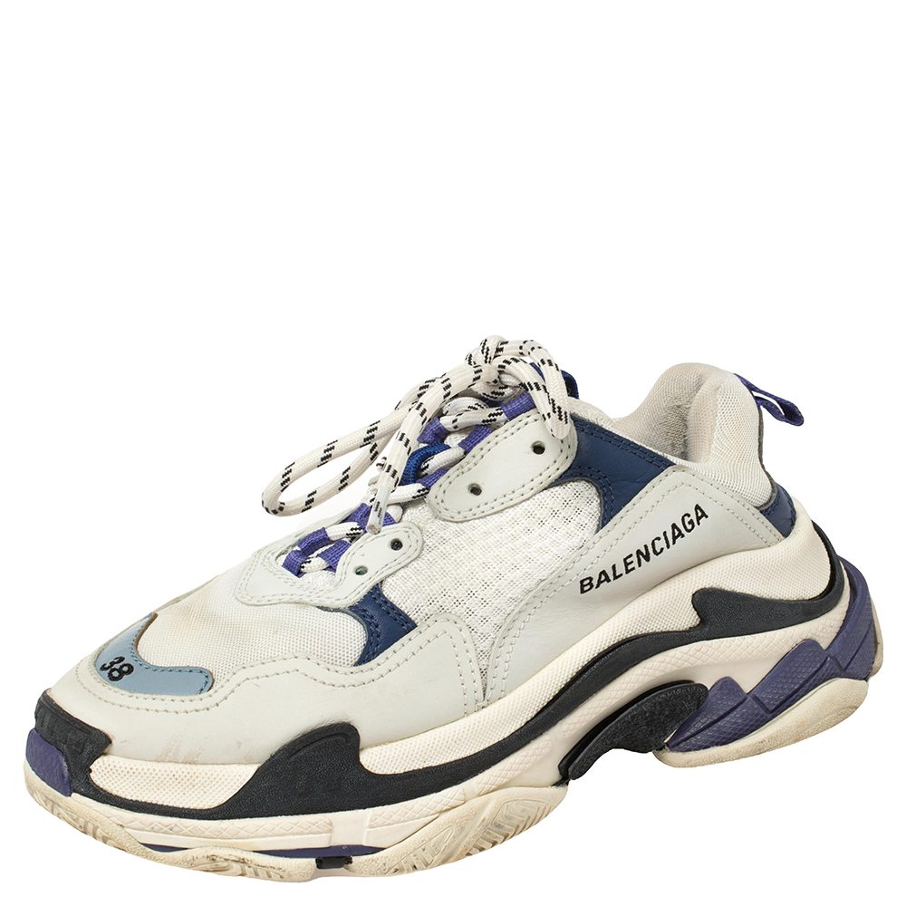 Pre-owned Balenciaga White/blue Leather And Mesh Triple S Clear Sole Sneakers Size Eu 38