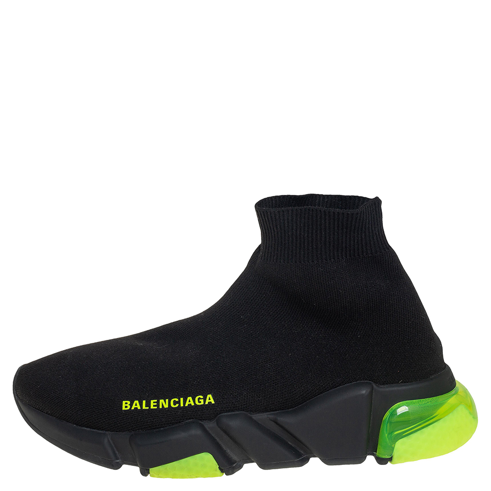 

Balenciaga Black/Neon Green Knit Fabric Speed Clear Sole Sneakers Size