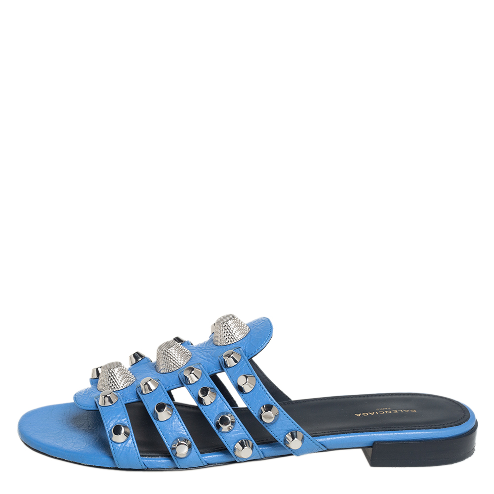 

Balenciaga Blue Leather Studded Slide Sandals Size