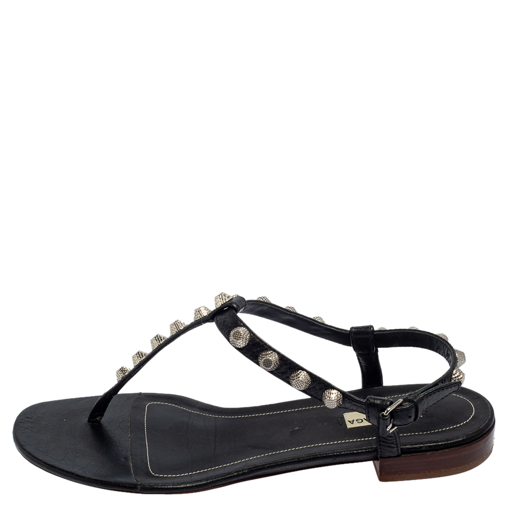 

Balenciaga Black Leather Studded Ankle Strap Flat Sandals Size