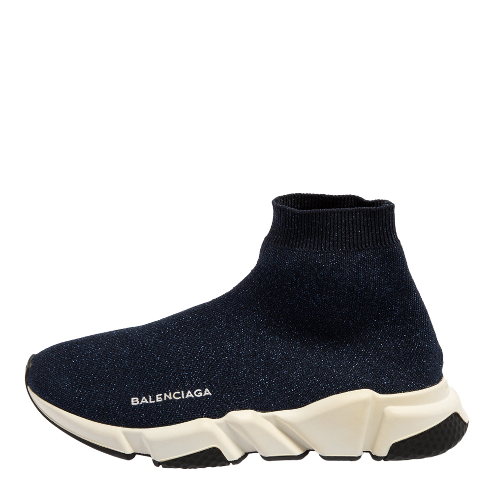 

Balenciaga Navy Blue Shimmery Knit Fabric Speed Trainer High Top Sneakers Size