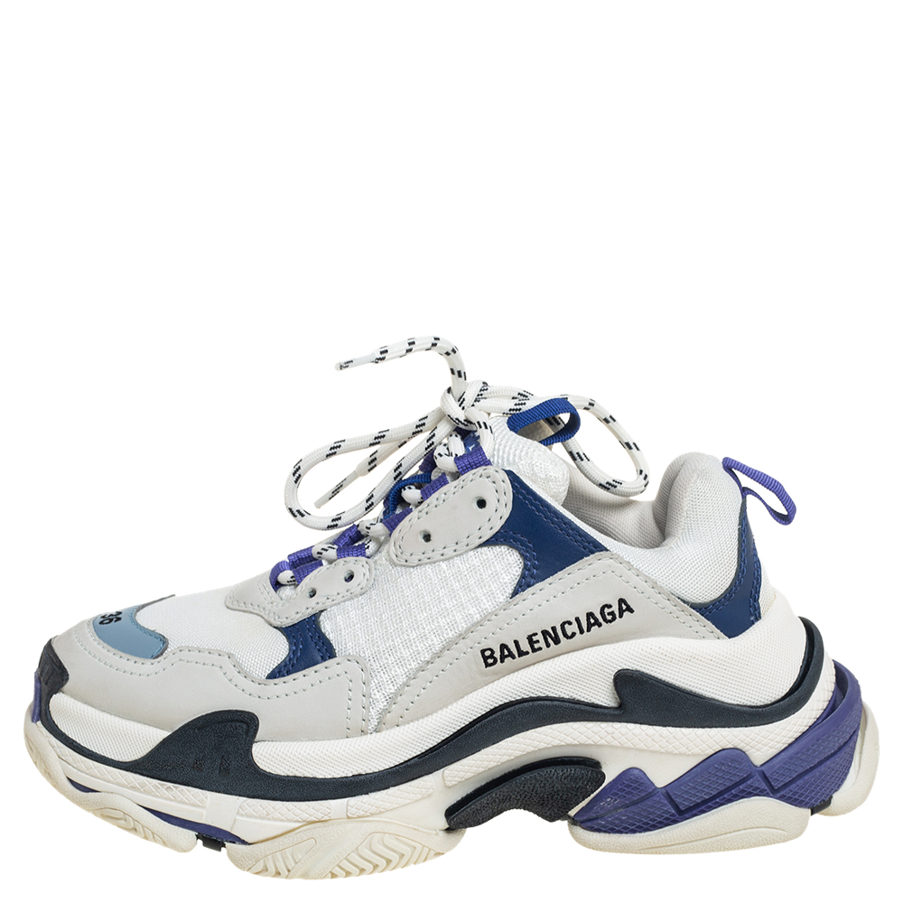 

Balenciaga White/Blue Leather And Mesh Triple S Chunky Sneakers Size