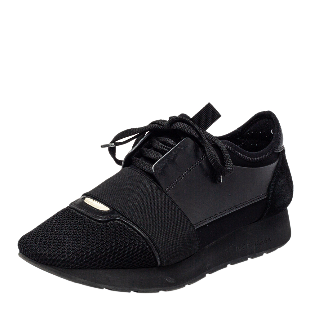 Click to view more detailed imagery on our partner's website Pre-owned Balenciaga Black Leather And Mesh Race Runner Sneakers Size 38