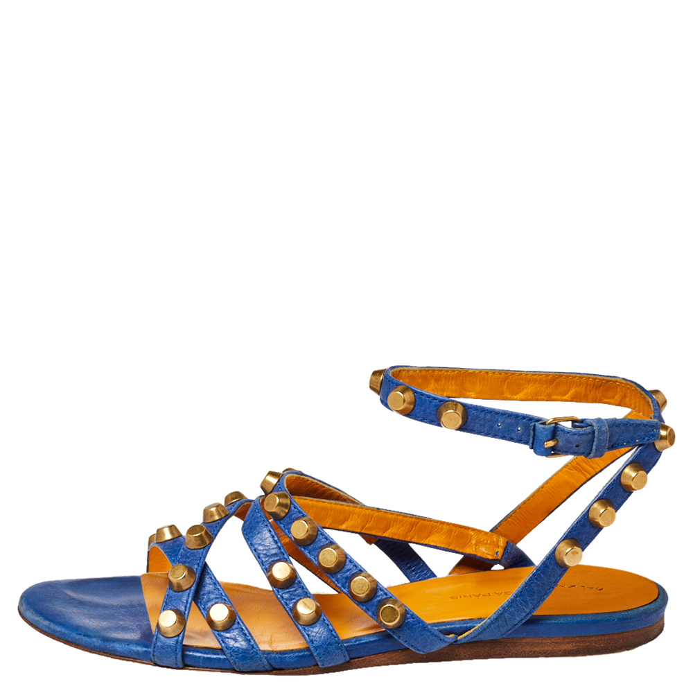 

Balenciaga Blue Studded Leather Arena Studded Flat Sandals Size