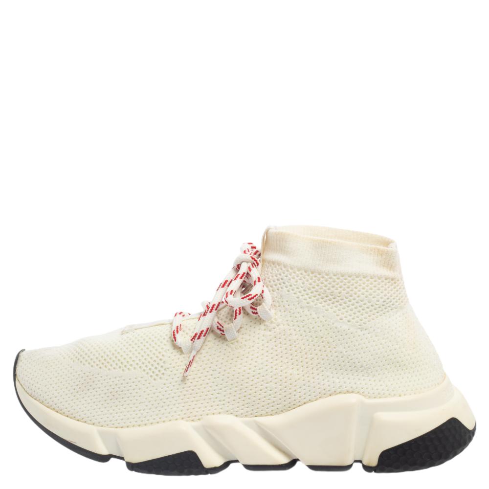 

Balenciaga Cream Knit Fabric Speed Trainer Lace Up High Top Sneakers Size