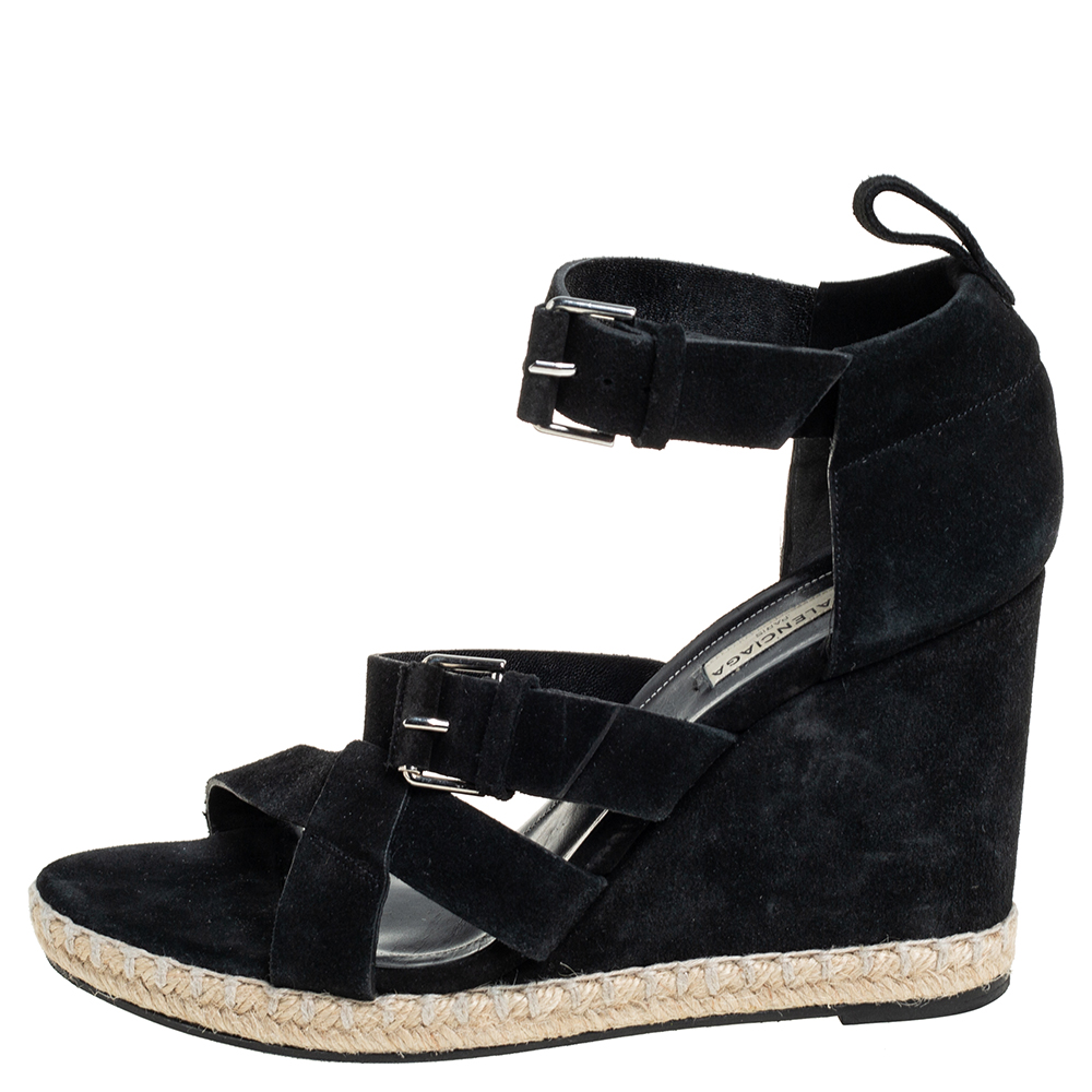 

Balenciaga Black Suede Espadrille Wedge Ankle Strap Sandals Size