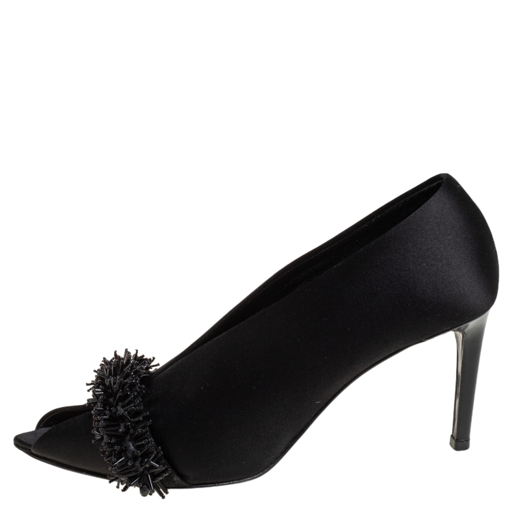

Balenciaga Black Satin And Patent Bead Embellished Peep Toe Pumps Size