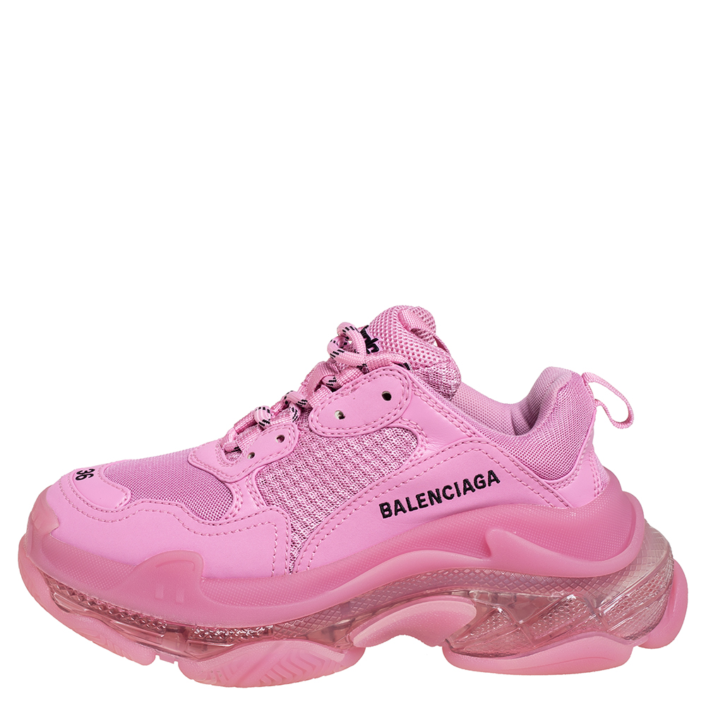 

Balenciaga Pink Leather And Mesh Triple S Clear Sole Low Top Sneakers Size