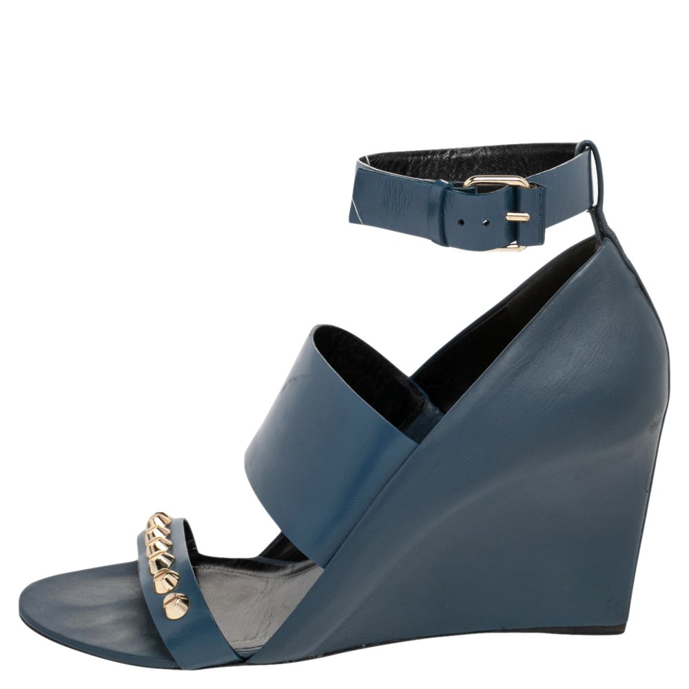 

Balenciaga Blue Leather Studded Wedges Sandals Size