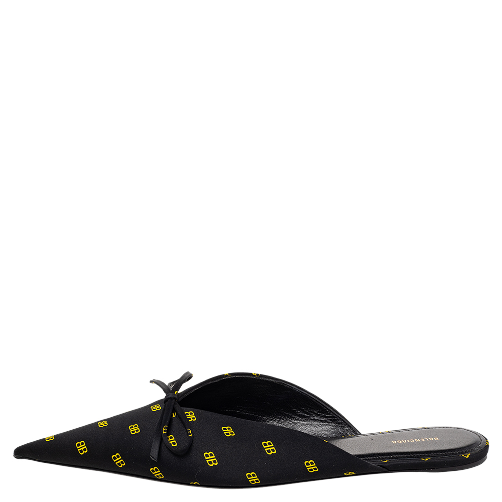 

Balenciaga Black Logo Printed Satin Knife Mules Flats Size