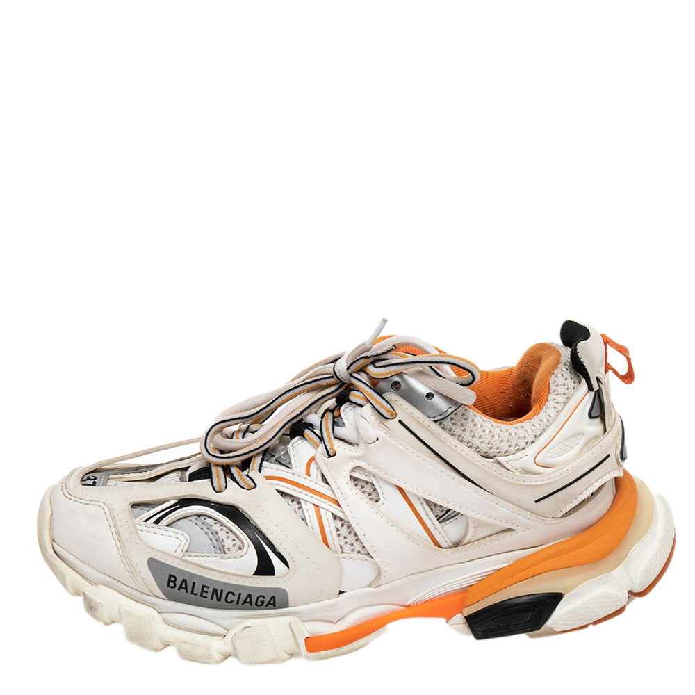 

Balenciaga White/Orange Leather And Mesh Track Sneakers Size
