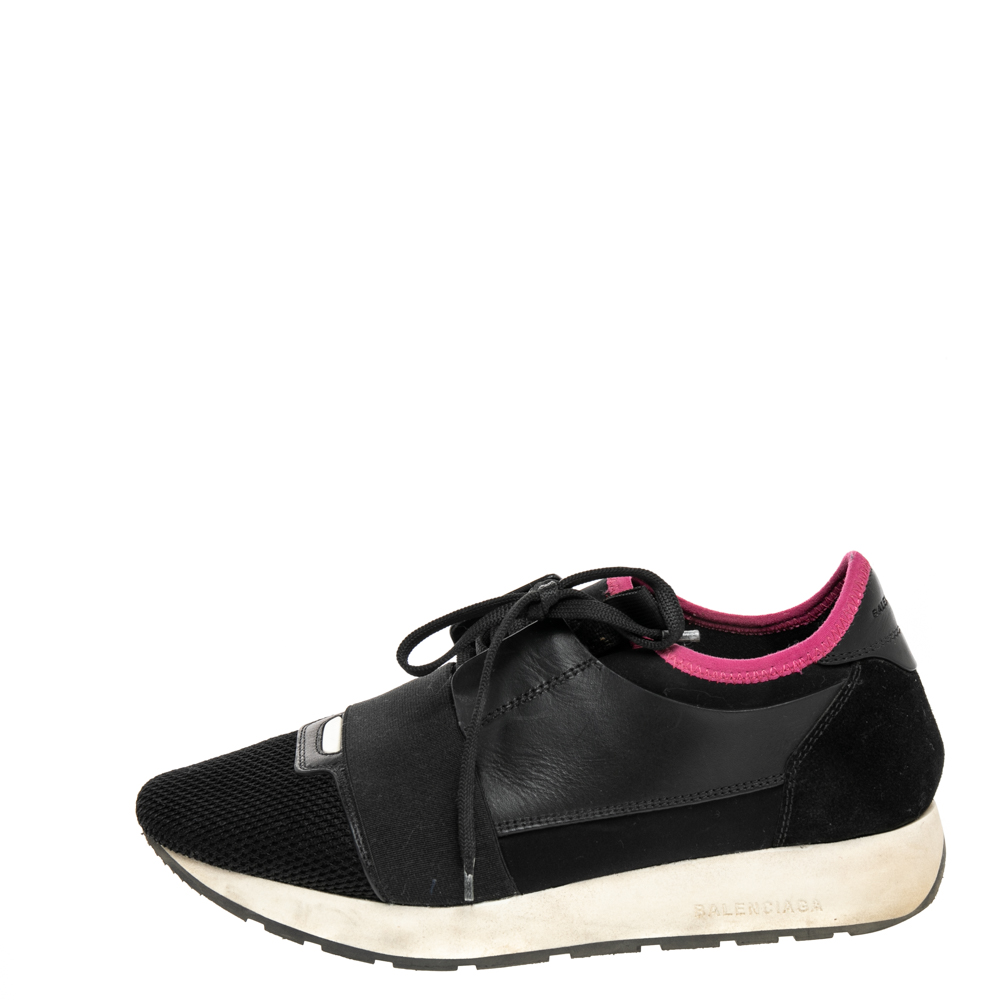 

Balenciaga Black Mesh And Leather Race Runner Low Top Sneakers Size