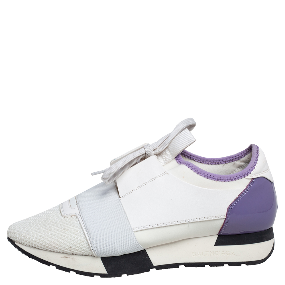 

Balenciaga White/Lavender Leather And Mesh Race Runner Sneakers Size