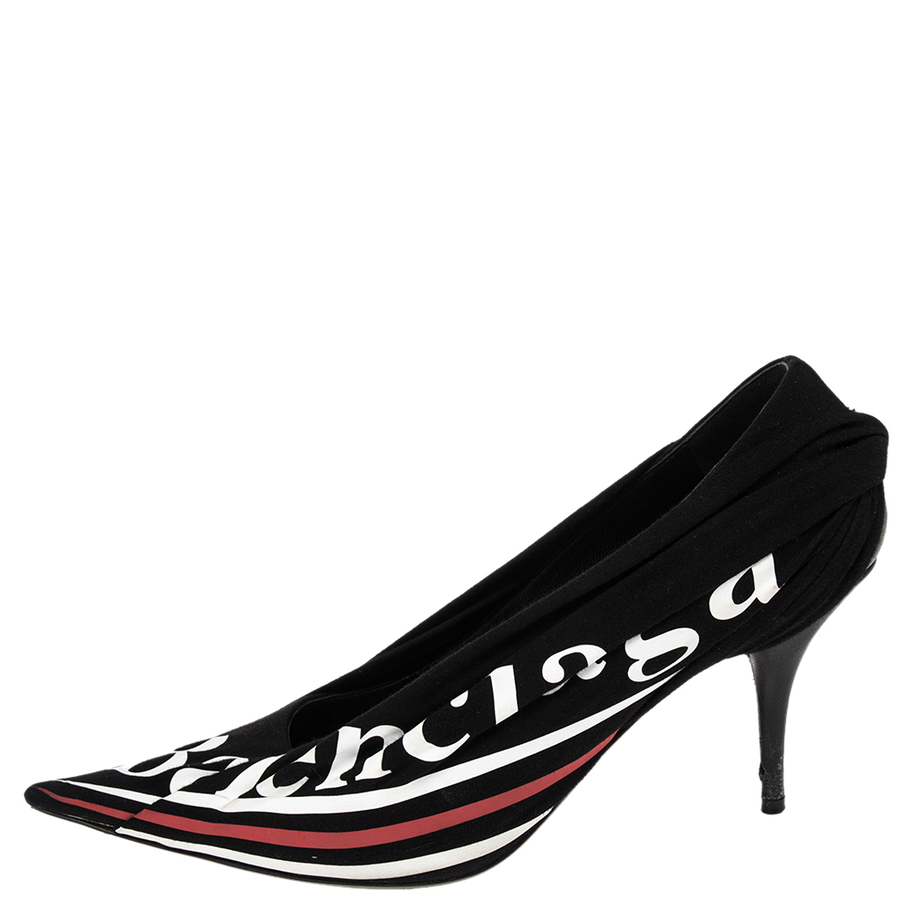 

Balenciaga Black Logo Printed Draped Jersey And Leather Knife Pointed Toe Pumps Size