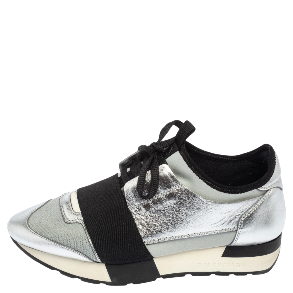

Balenciaga Silver/Grey Leather And Fabric Race Runner Sneakers Size