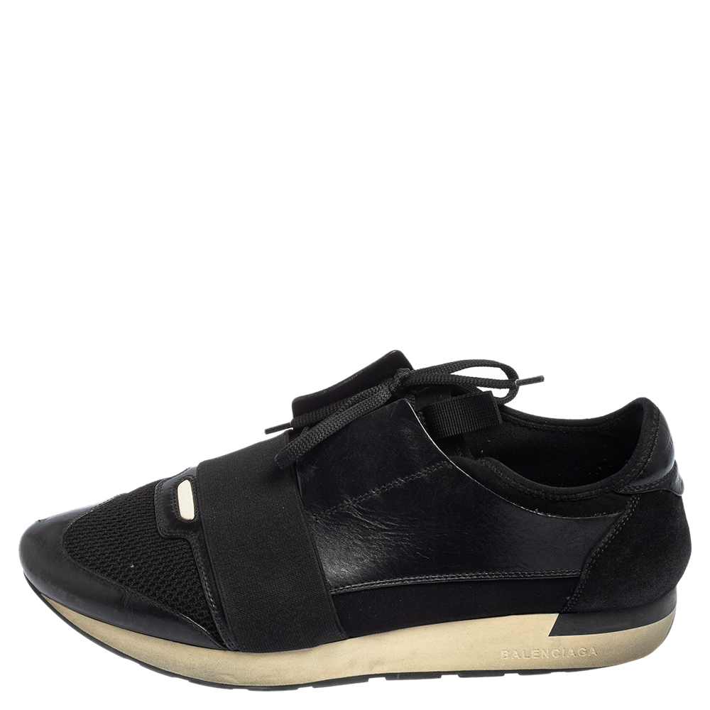 Balenciaga Black Leather and Mesh Race Runner Sneakers Size