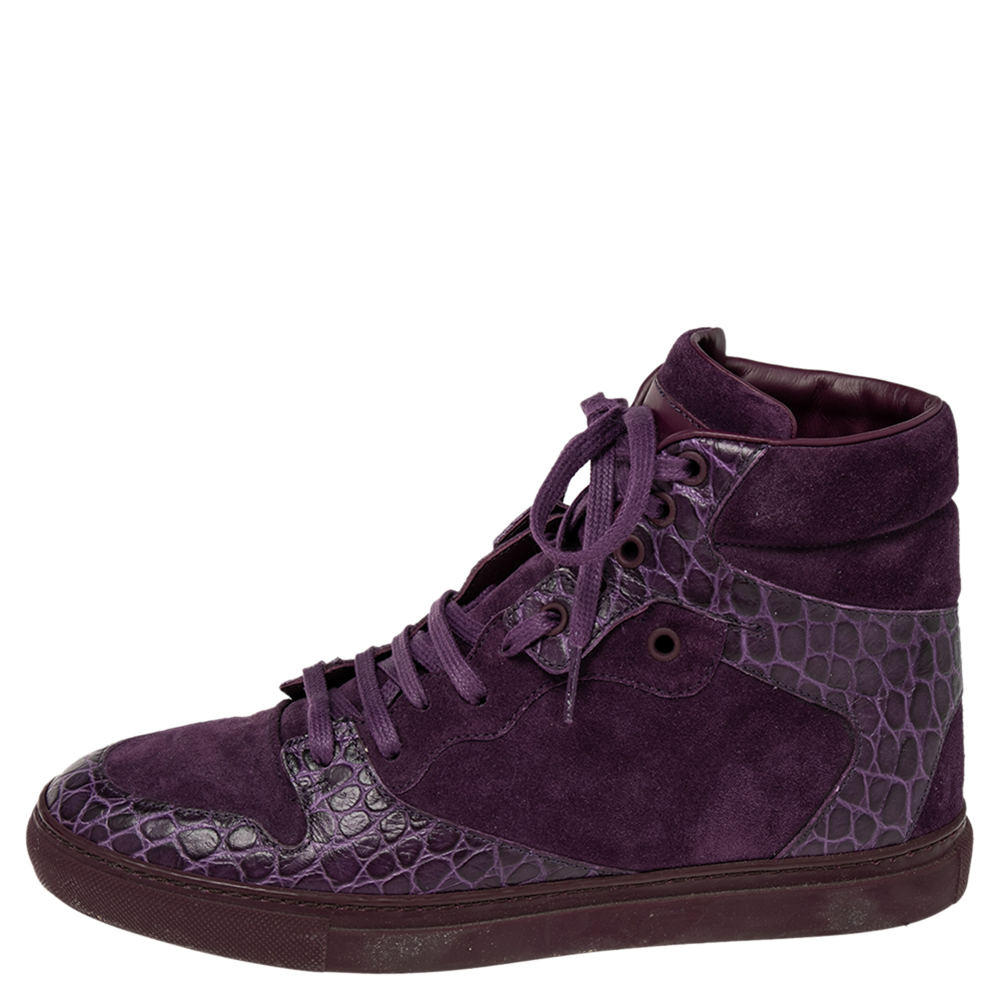 

Balenciaga Purple Croc Embossed Leather and Suede High Top Sneakers Size