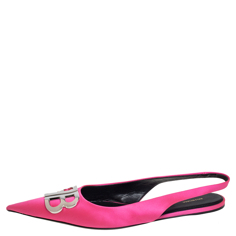 

Balenciaga Pink Satin BB Logo Embellished Slingback Pointed Toe Flats Size