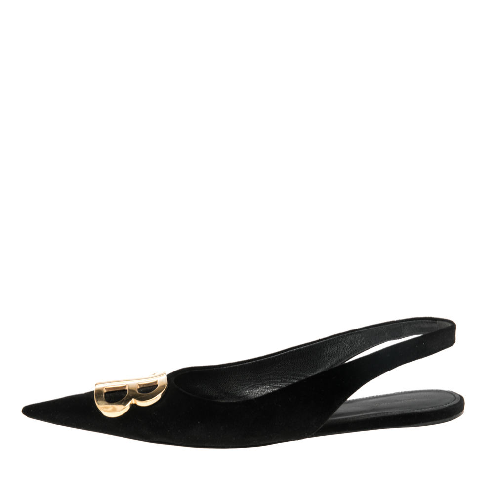 

Balenciaga Black Velvet BB Logo Embellished Slingback Pointed Toe Flats Size