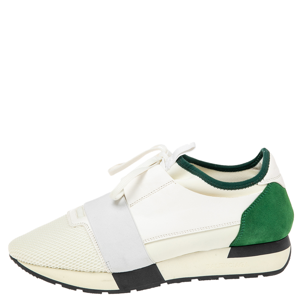 

Balenciaga White/Green Mesh And Leather Race Runner Low Top Sneakers Size
