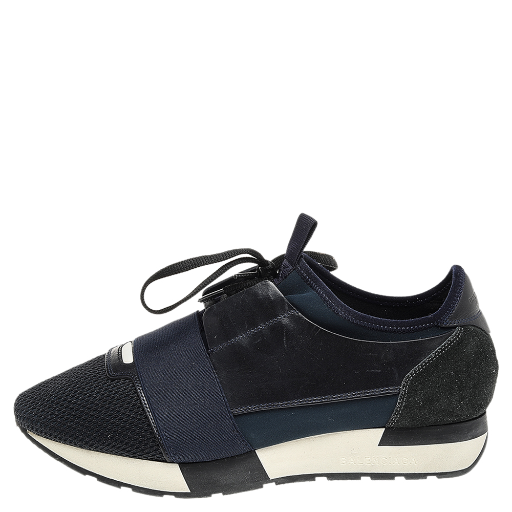 

Balenciaga Navy Blue Leather And Mesh Race Runner Sneakers Size