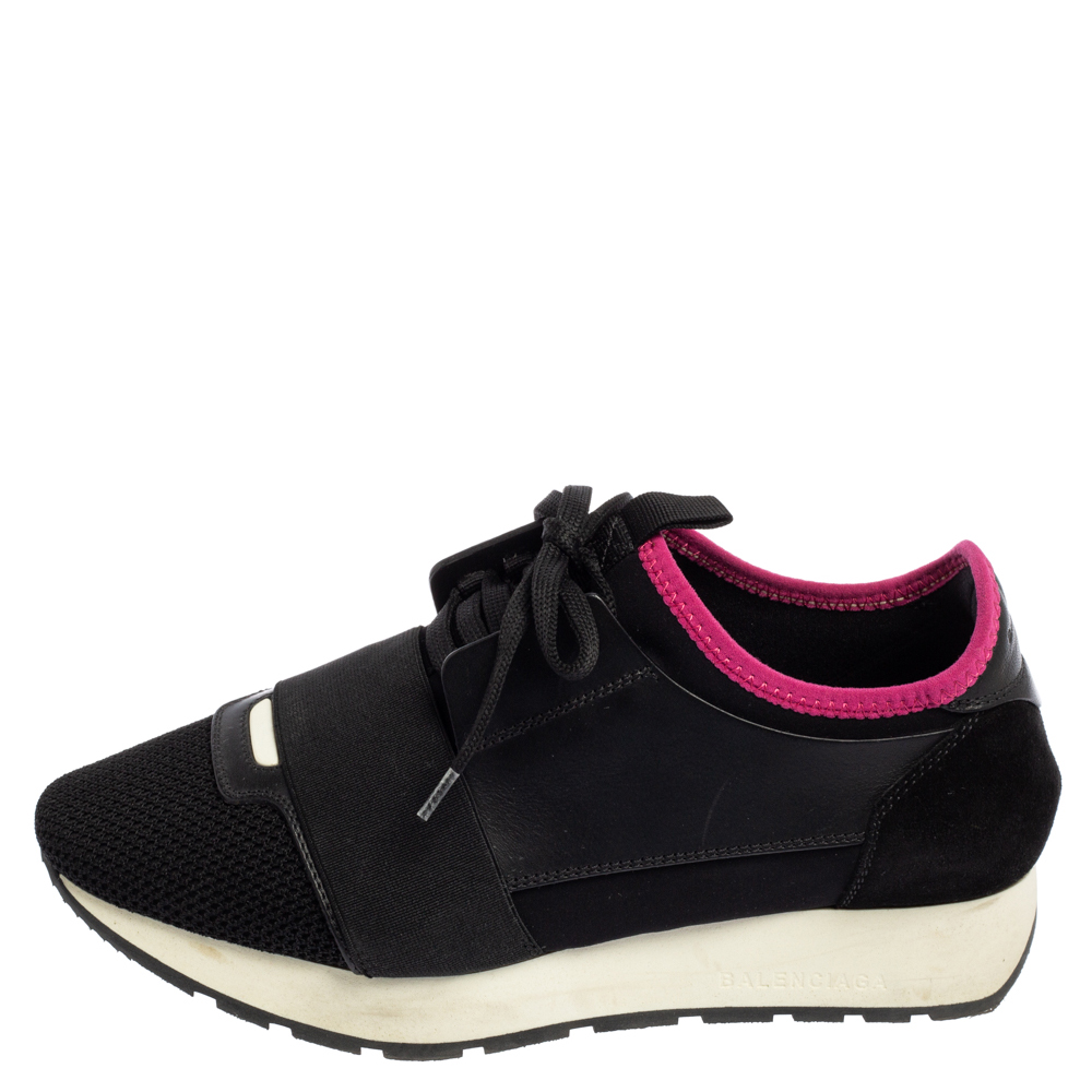 

Balenciaga Black/Red Mesh And Leather Race Runner Sneakers Size