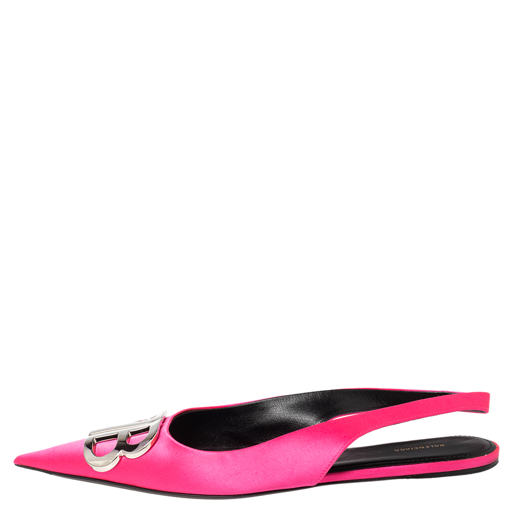 

Balenciaga Pink Satin BB Knife Slingback Flat Sandals Size