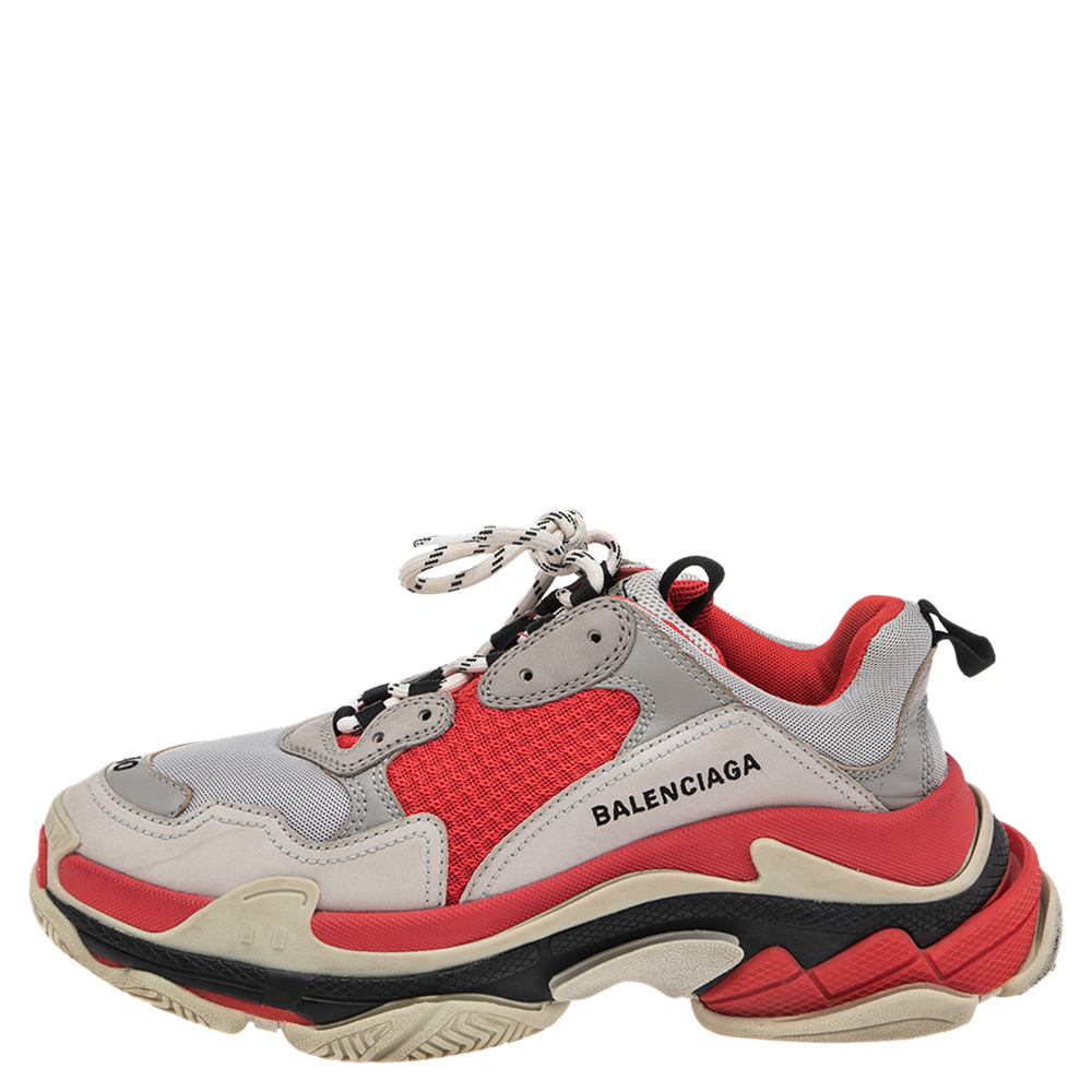 

Balenciaga Grey/Red Leather And Mesh Triple S Sneakers Size
