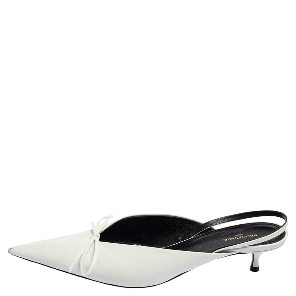 

Balenciaga White Leather Knife Bow Slingback Mules Size