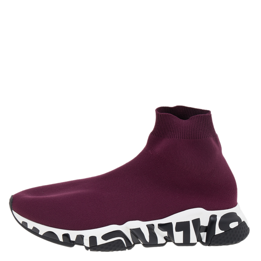 

Balenciaga Burgundy Knit Fabric Speed Graffiti Slip On Sneakers Size