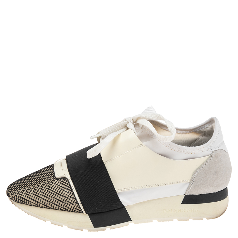 

Balenciaga White Mesh And Leather Race Runner Low Top Sneakers Size