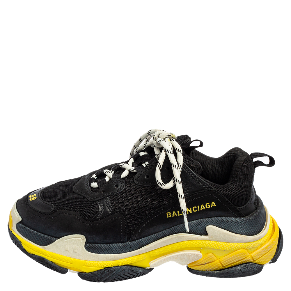 

Balenciaga Black/Yellow Leather and Mesh Triple S Sneakers Size