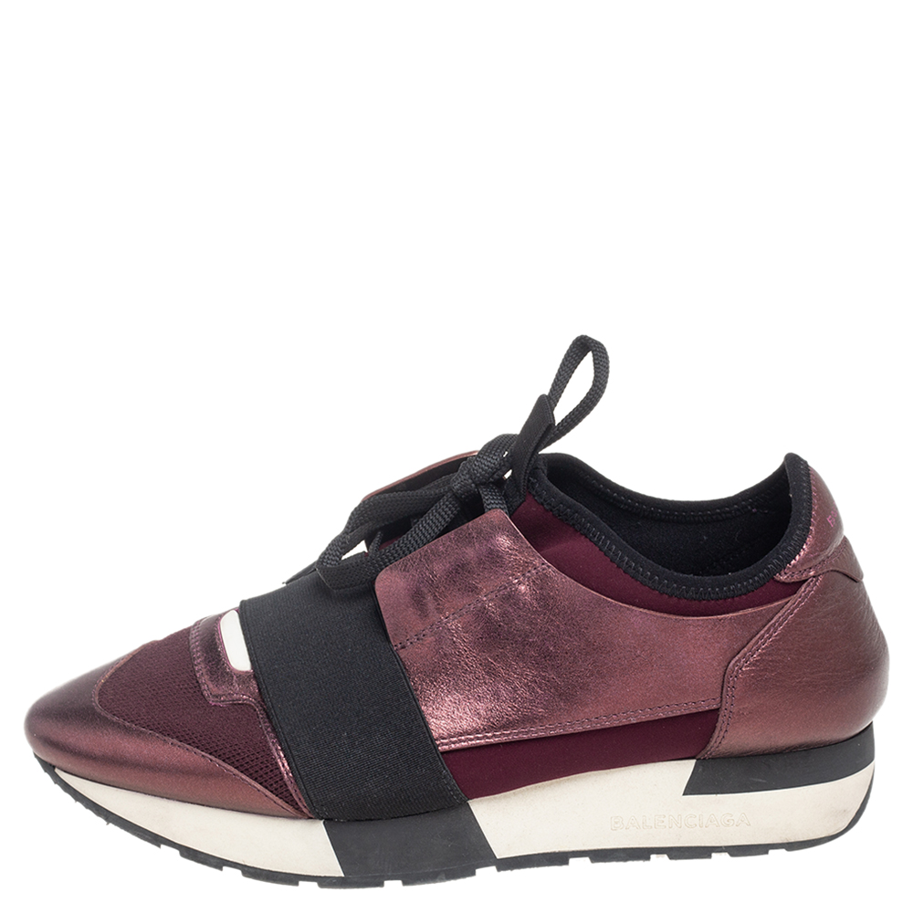

Balenciaga Metallic Bronze/Burgundy Leather And Fabric Race Runner Low Top Sneakers Size