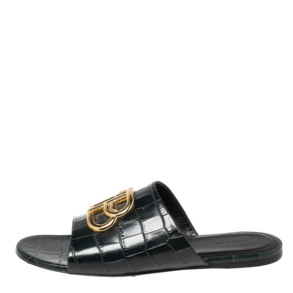 

Balenciaga Black Croc Embossed Leather Oval BB Flat Slide Sandals Size