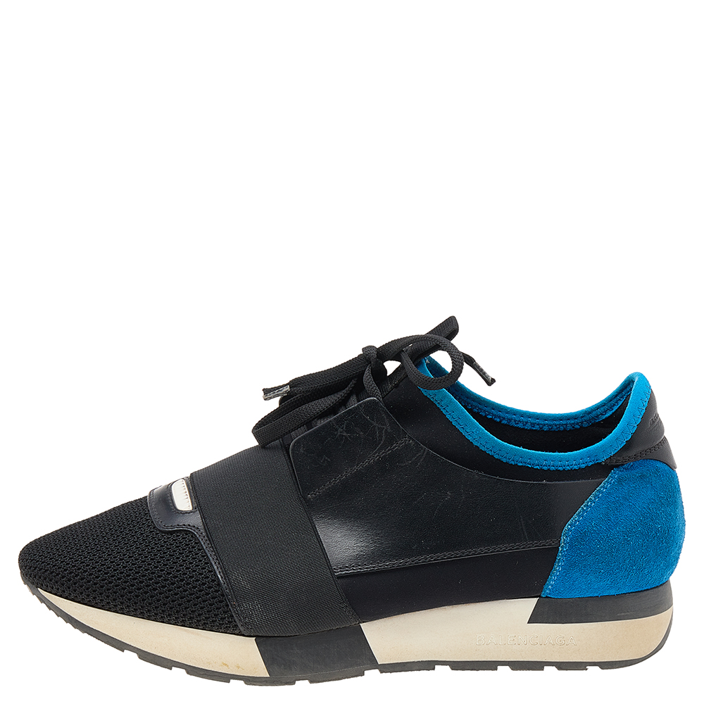 

Balenciaga Black/Blue Leather And Mesh Race Runner Sneakers Size