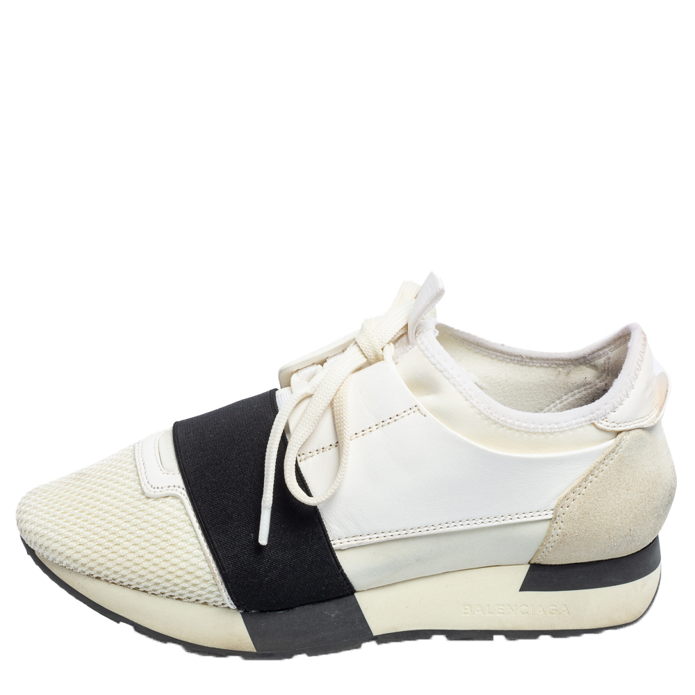 

Balenciaga White/Grey Mesh And Leather Race Runner Low Top Sneakers Size