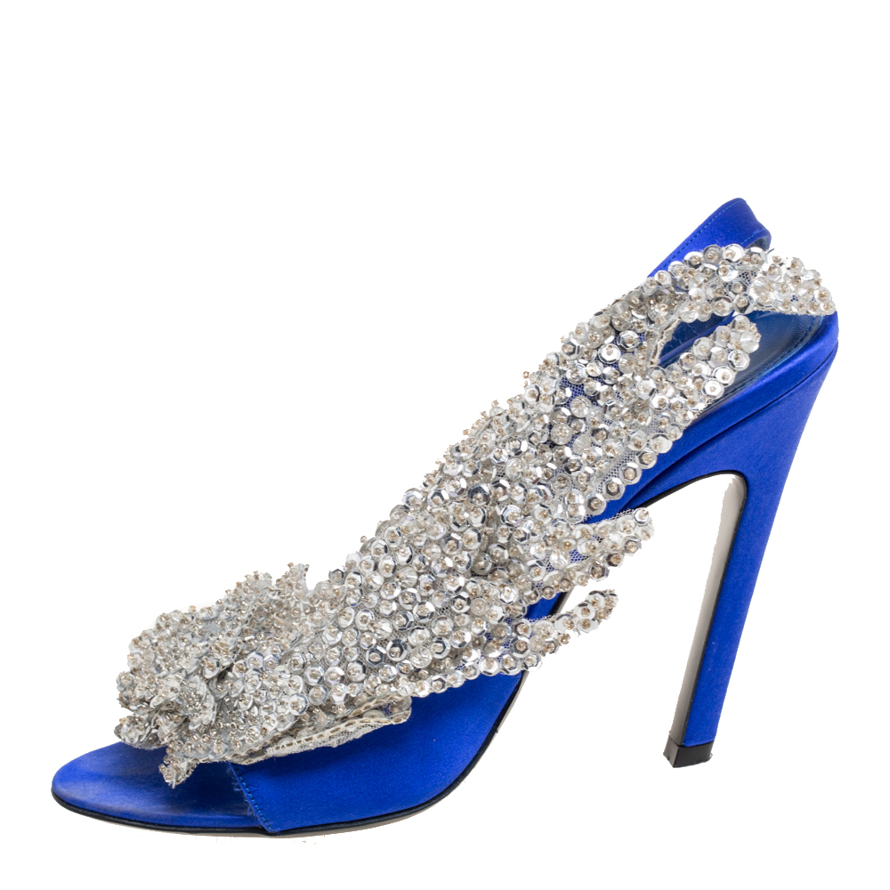 

Balenciaga Blue Satin Crystal Embellished Slingback Sandals Size