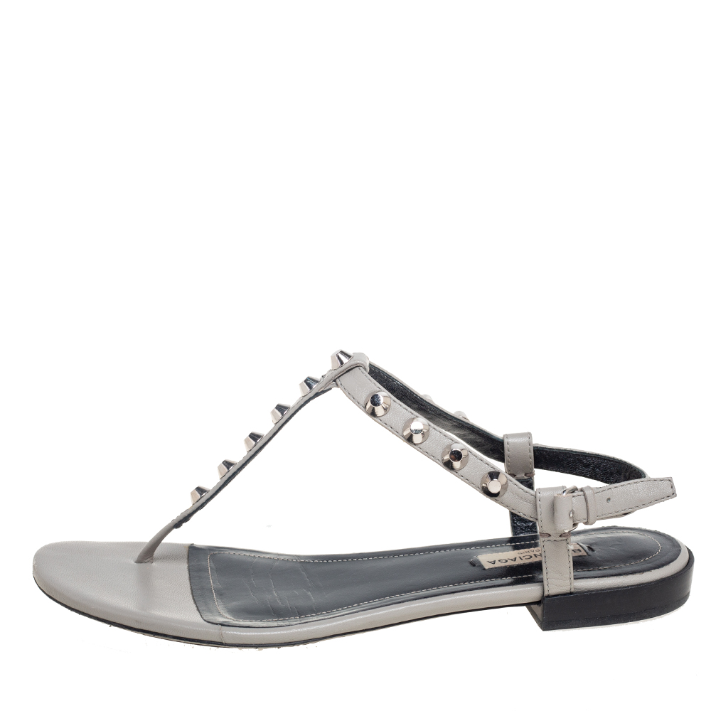 

Balenciaga Grey Studded Leather Arena Thong Flat Sandals Size