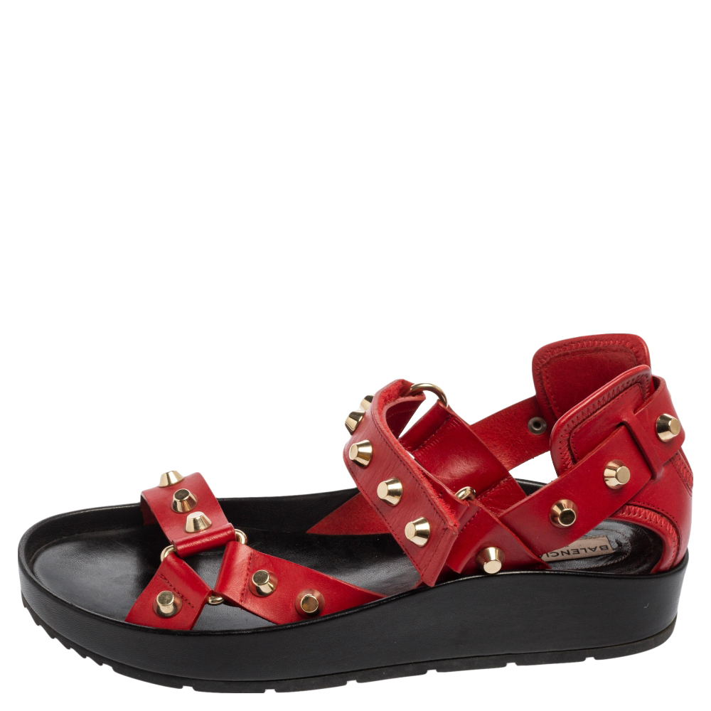 

Balenciaga Red Leather Arena Studded Platform Sandals Size