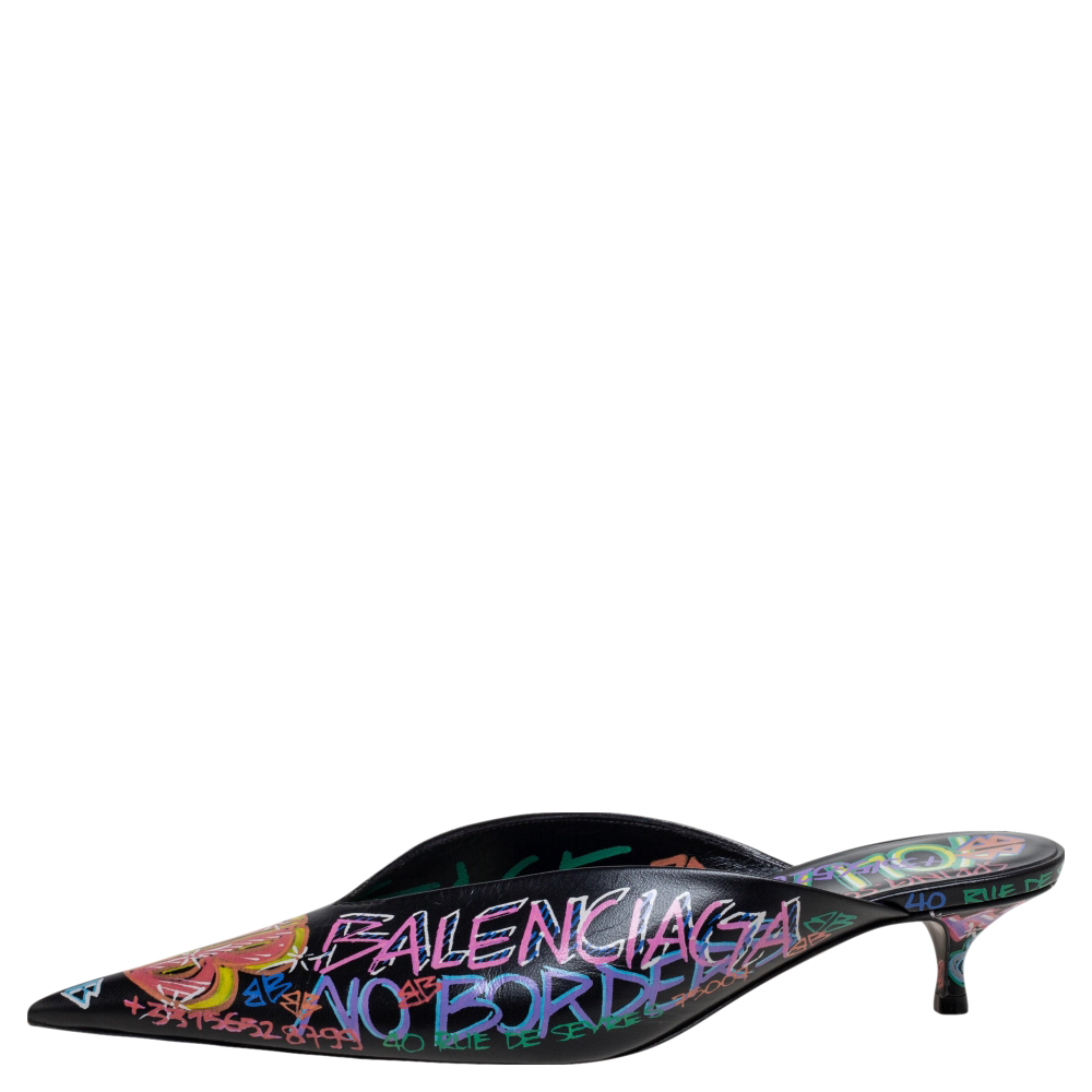 

Balenciaga Black Graffiti Leather Knife Pointed Toe Mules Size