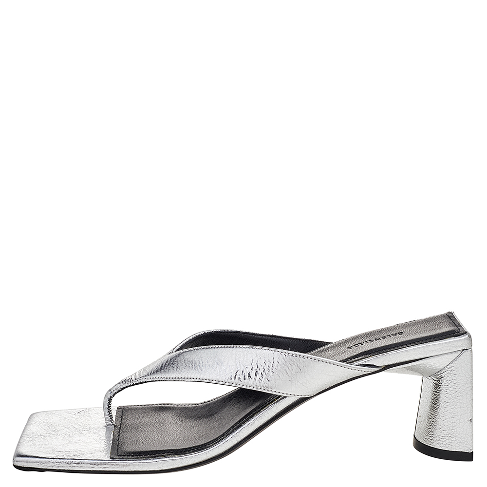 

Balenciaga Silver Leather Double Square Thong Sandals Size