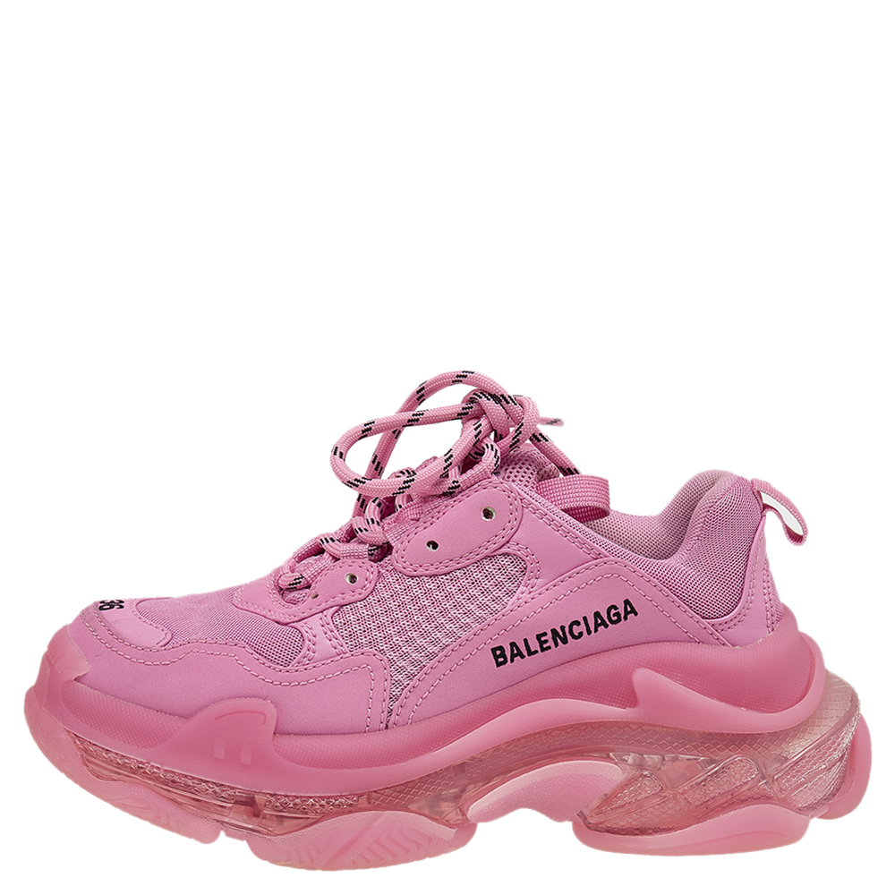 

Balenciaga Pink Leather and Mesh Triple S Clear Sole Sneakers Size